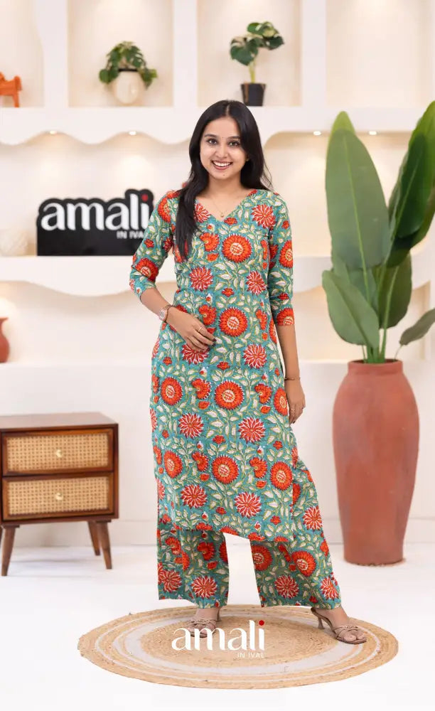 Teal Blue and Orange Jaipur Print Cotton Top and Pant - salwar