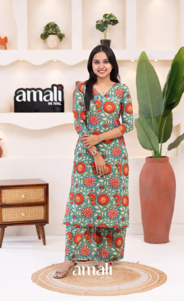 Teal Blue and Orange Jaipur Print Cotton Top and Pant - salwar