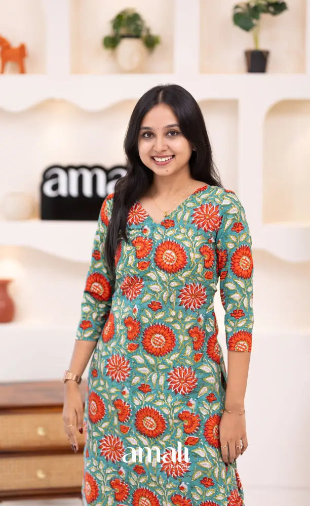 Teal Blue and Orange Jaipur Print Cotton Top and Pant - salwar