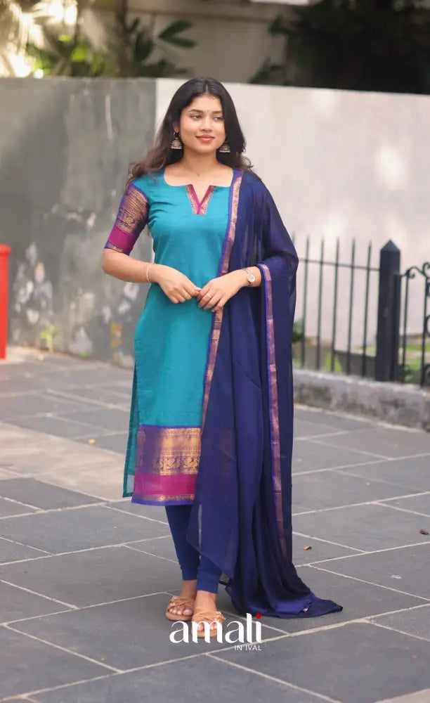 Teal Blue and Royal Blue Chettinad Cotton Salwar Set - salwar