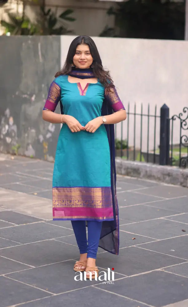 Teal Blue and Royal Blue Chettinad Cotton Salwar Set - salwar
