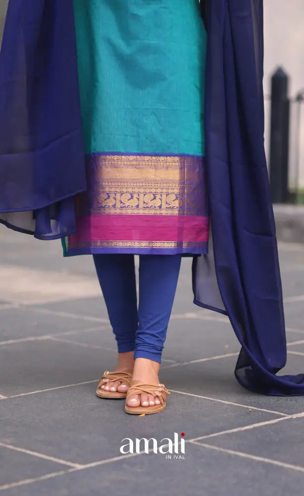 Teal Blue and Royal Blue Chettinad Cotton Salwar Set - salwar