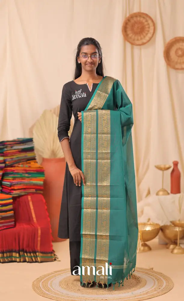 Teal Blue With Gold Chettinad Cotton Dupatta salwar