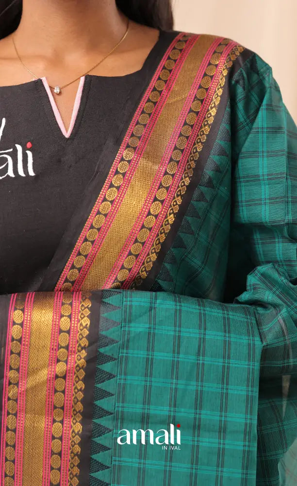 Teal Checks With Dark Blue Chettinad Cotton Dupatta salwar