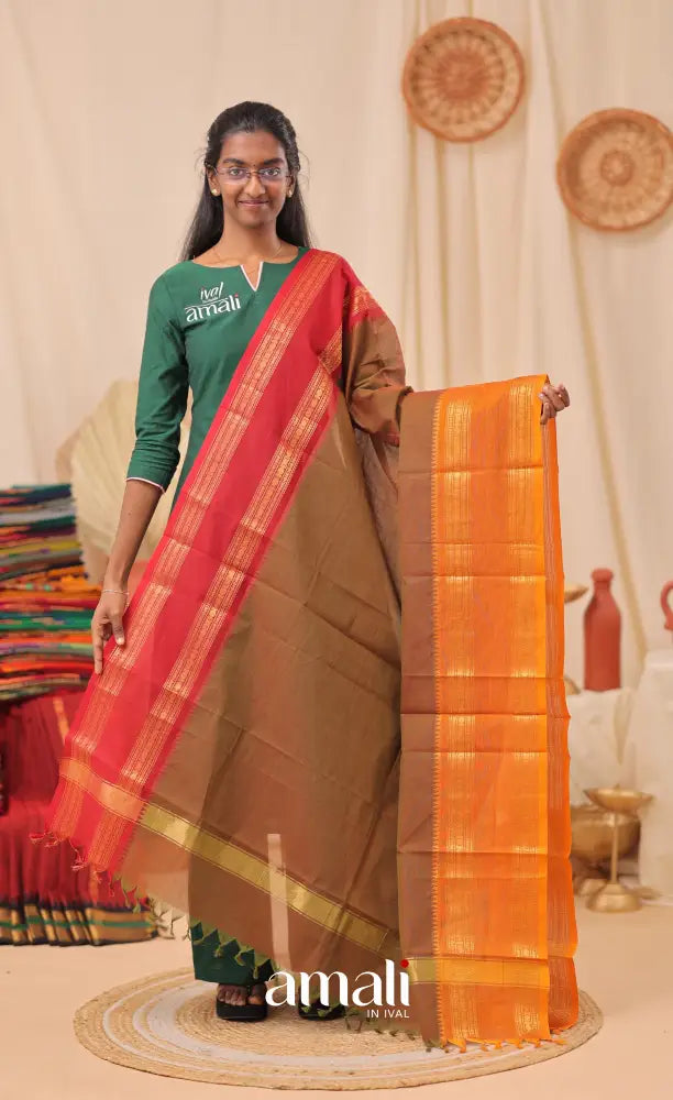 Two-Tone Brown With Dual Border Chettinad Cotton Dupatta salwar