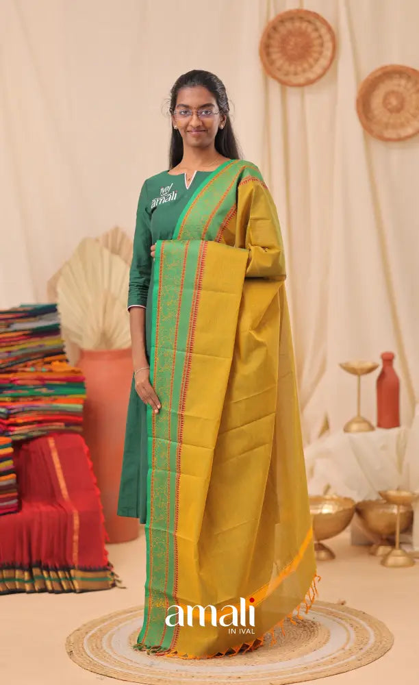 Two-Tone Dark Yellow With Green Chettinad Cotton Dupatta salwar