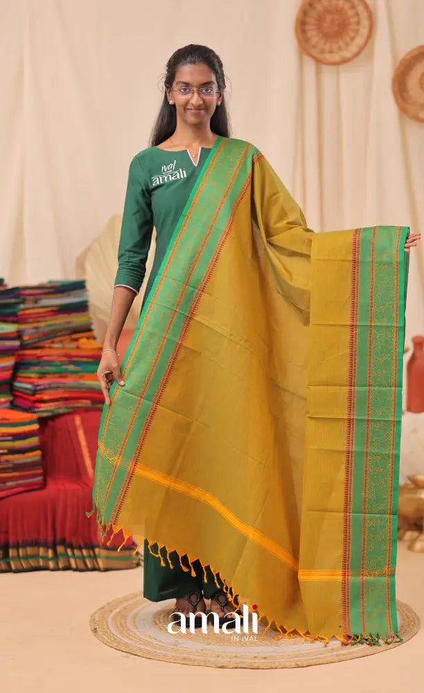Two-Tone Dark Yellow With Green Chettinad Cotton Dupatta salwar