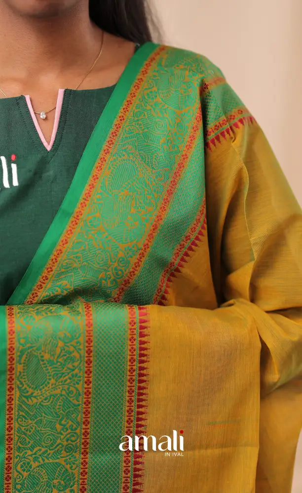 Two-Tone Dark Yellow With Green Chettinad Cotton Dupatta salwar