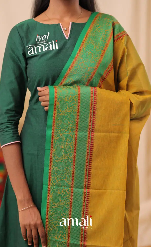 Two-Tone Dark Yellow With Green Chettinad Cotton Dupatta salwar