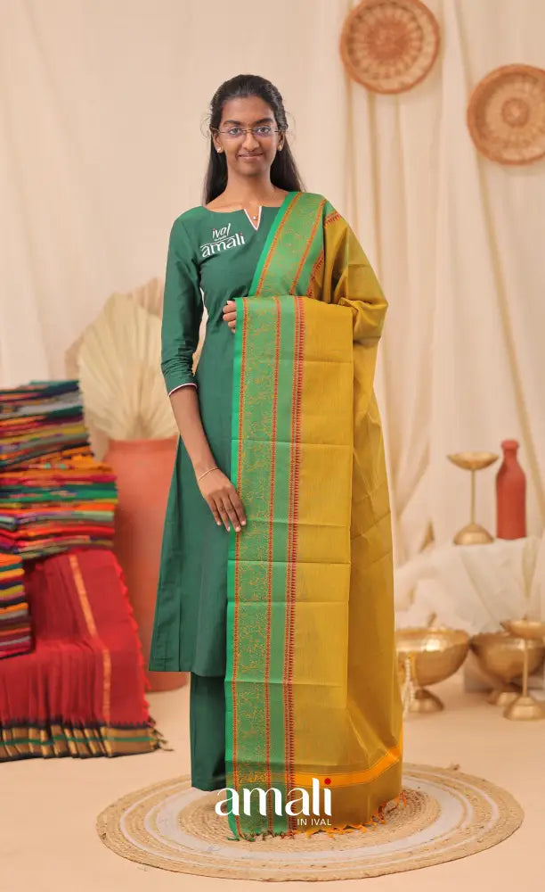 Two-Tone Dark Yellow With Green Chettinad Cotton Dupatta salwar