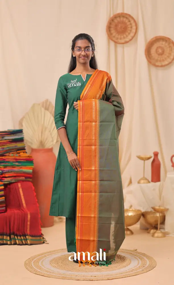 Two-Tone Green With Mustard Orange Chettinad Cotton Dupatta salwar