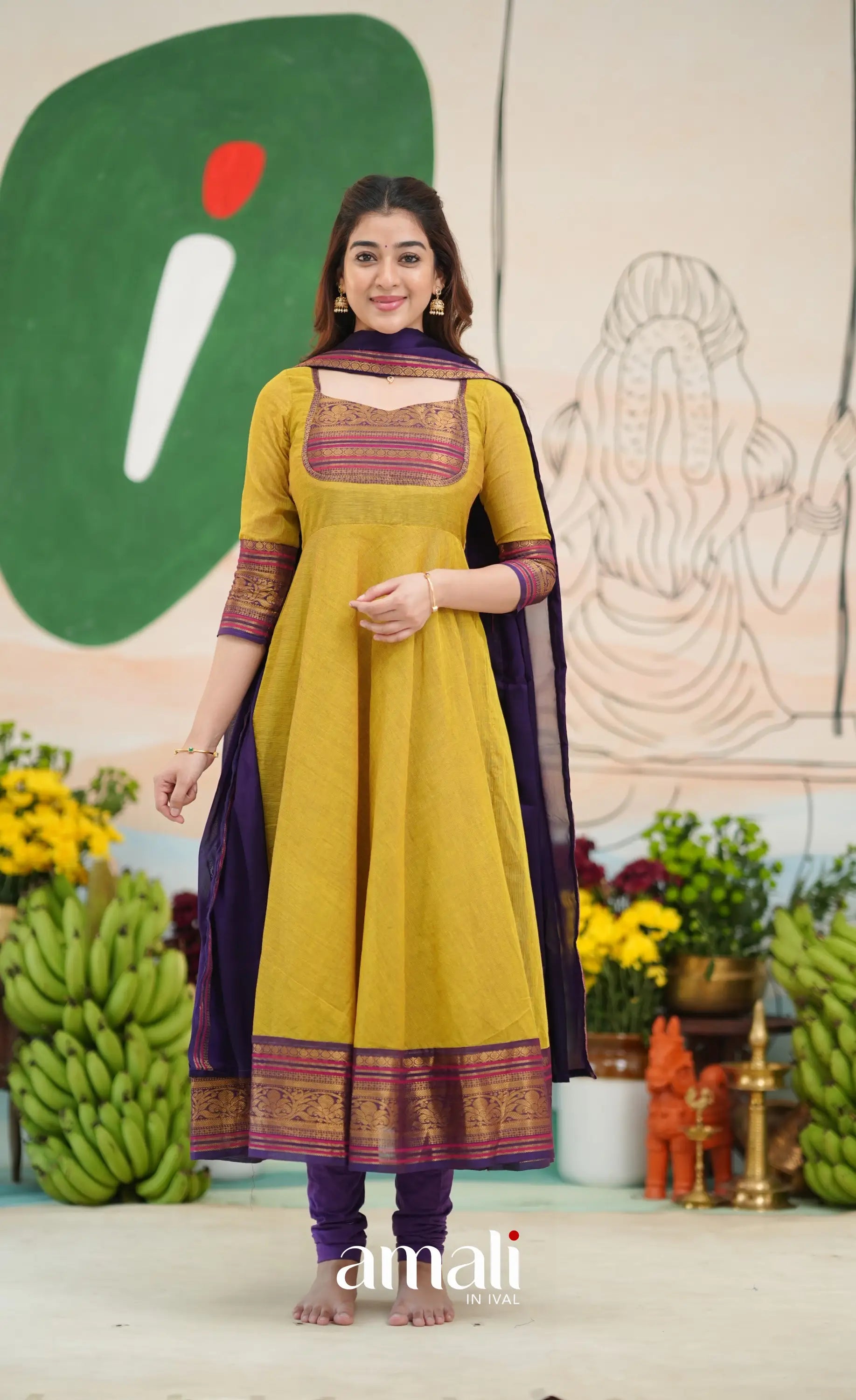 Two-tone Henna yellow and Dark Purple Chettinad Cotton Anarkali - Anarkalis