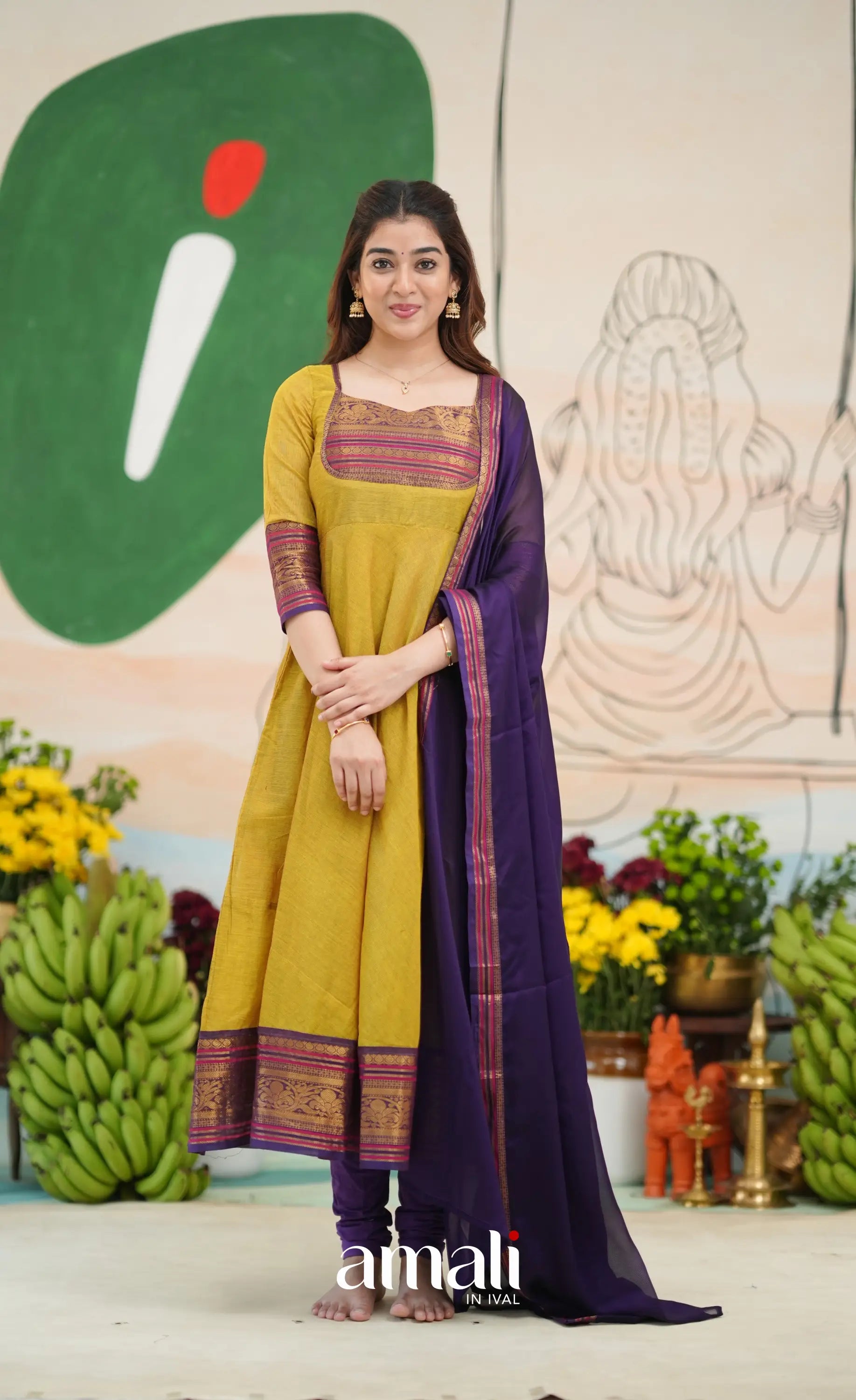 Two-tone Henna yellow and Dark Purple Chettinad Cotton Anarkali - Anarkalis