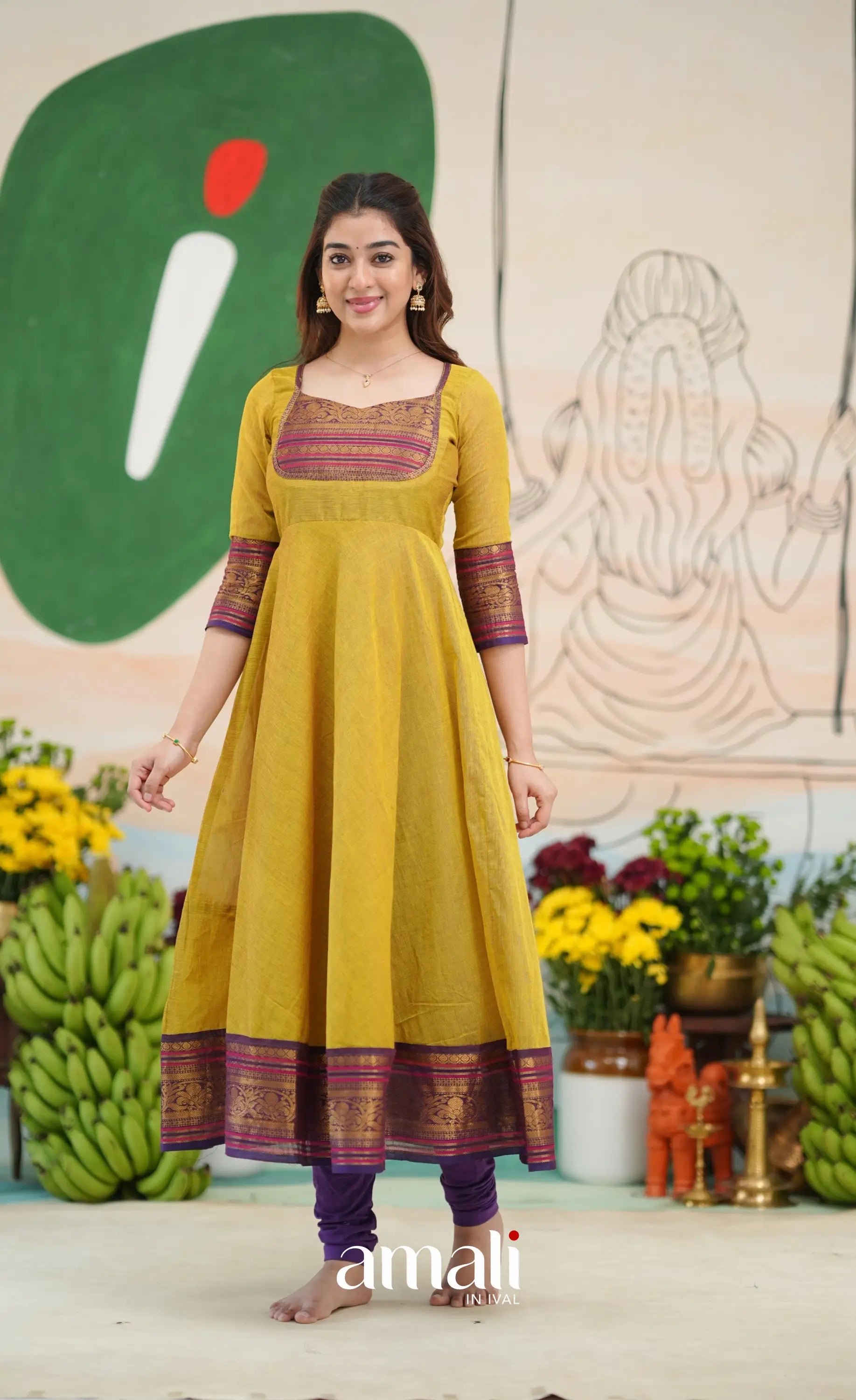 Two-tone Henna yellow and Dark Purple Chettinad Cotton Anarkali - Anarkalis