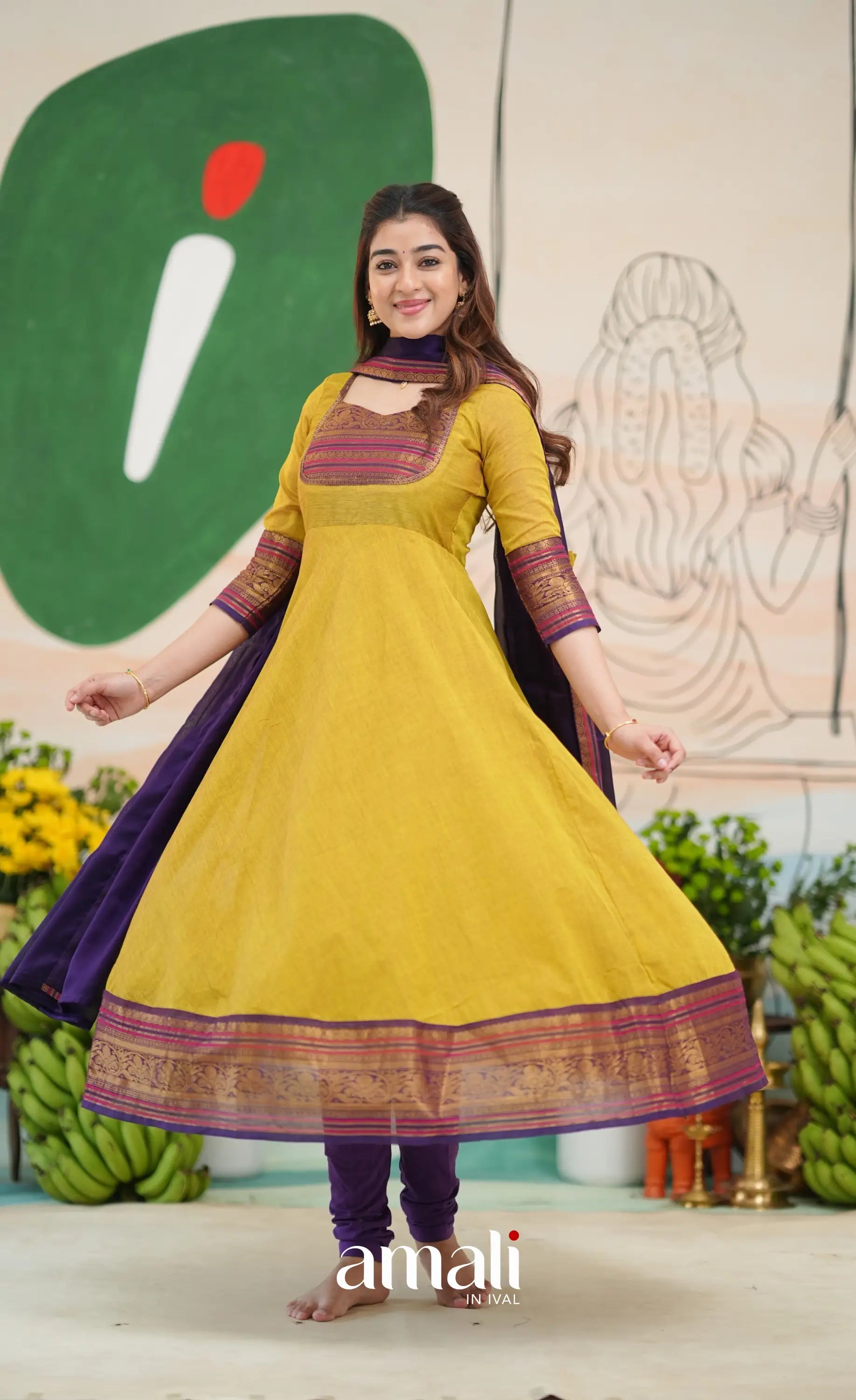 Two-tone Henna yellow and Dark Purple Chettinad Cotton Anarkali - Anarkalis