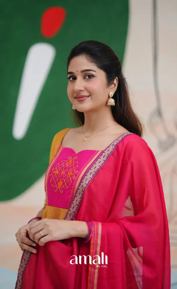 Two tone Mustard Orange and Pink Chettinad Cotton Anarkali Anarkalis