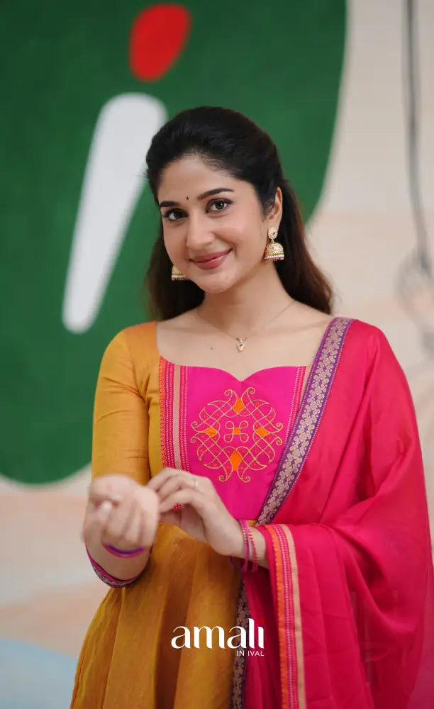 Two tone Mustard Orange and Pink Chettinad Cotton Anarkali Anarkalis