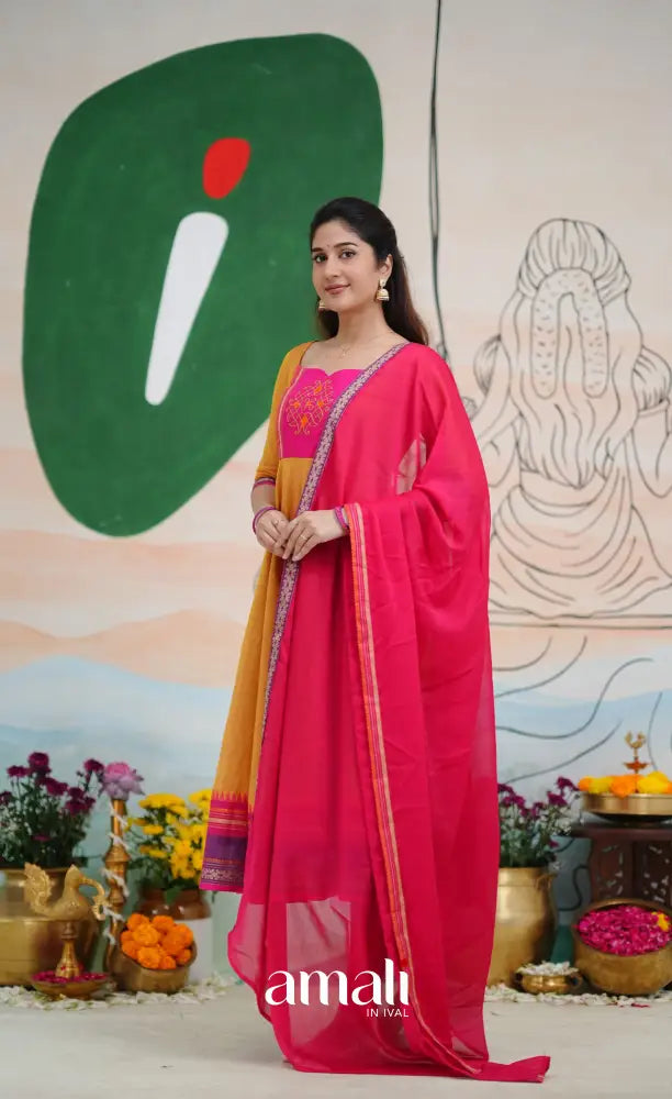 Two tone Mustard Orange and Pink Chettinad Cotton Anarkali Anarkalis