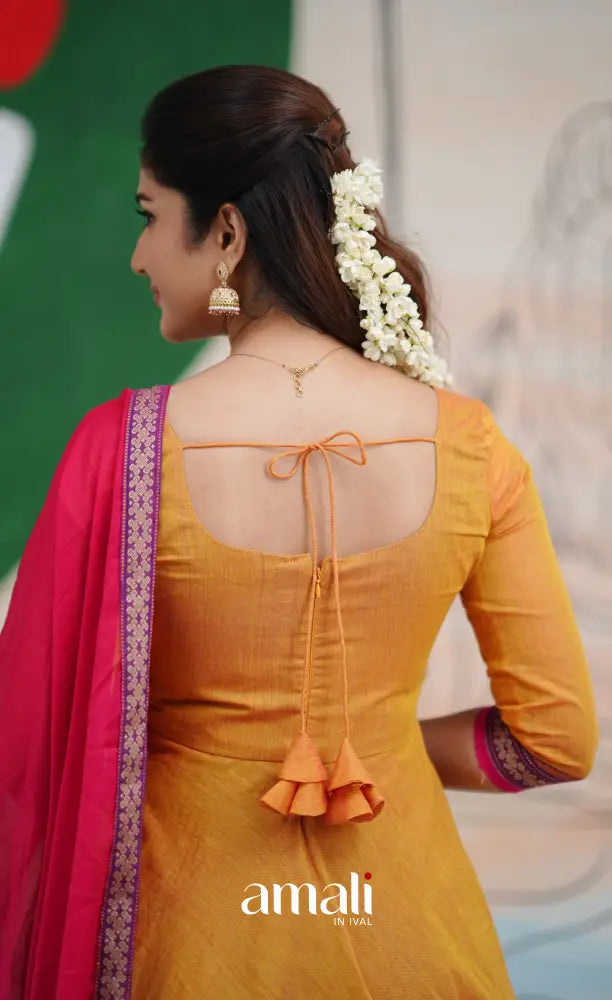 Two tone Mustard Orange and Pink Chettinad Cotton Anarkali Anarkalis