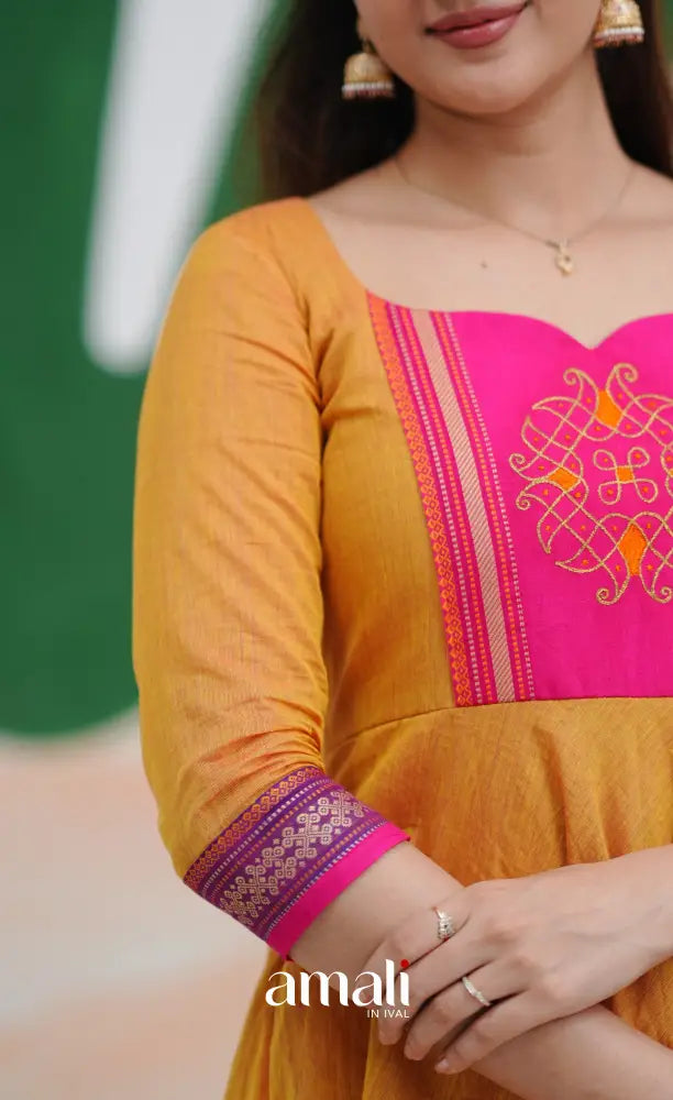 Two tone Mustard Orange and Pink Chettinad Cotton Anarkali Anarkalis