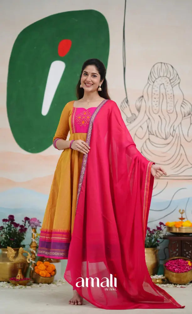 Two tone Mustard Orange and Pink Chettinad Cotton Anarkali Anarkalis