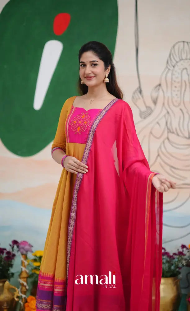 Two tone Mustard Orange and Pink Chettinad Cotton Anarkali Anarkalis
