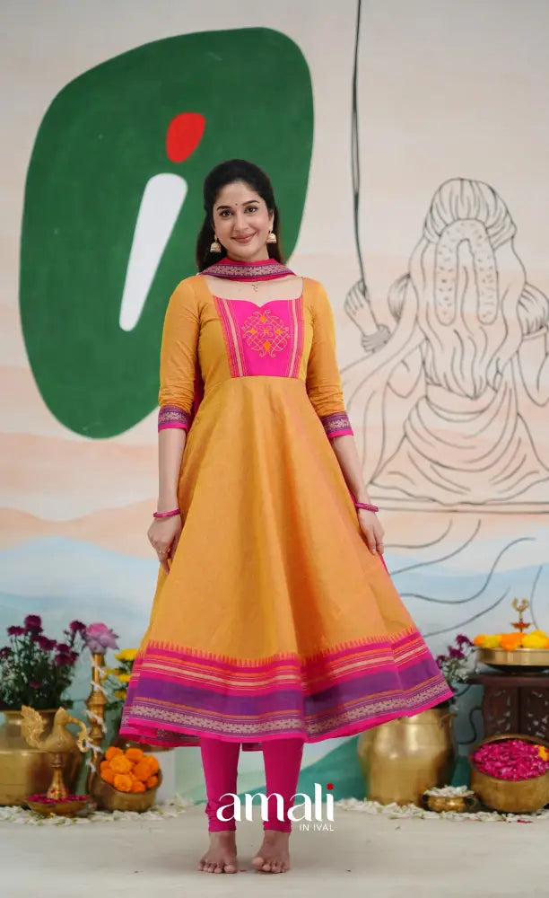 Two tone Mustard Orange and Pink Chettinad Cotton Anarkali Anarkalis