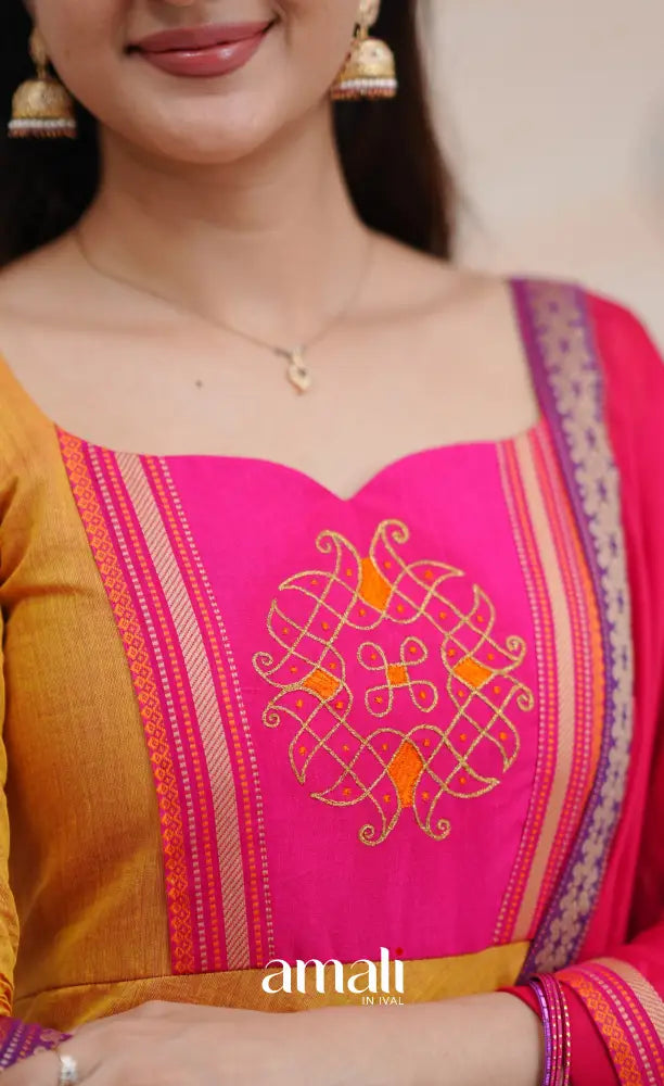 Two tone Mustard Orange and Pink Chettinad Cotton Anarkali Anarkalis