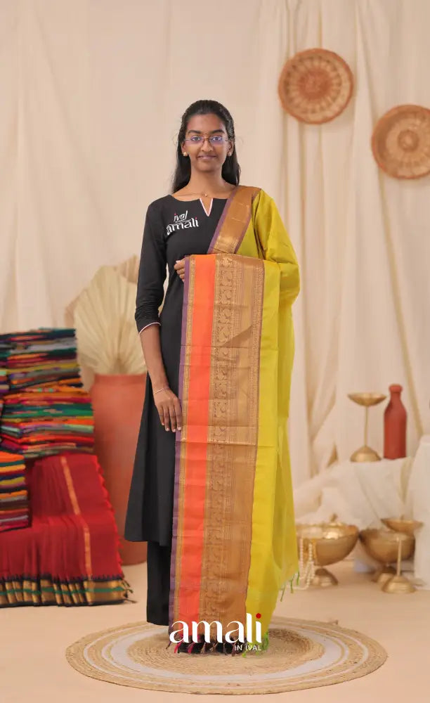 Two-Tone Yellow With Multicolours Chettinad Cotton Dupatta salwar