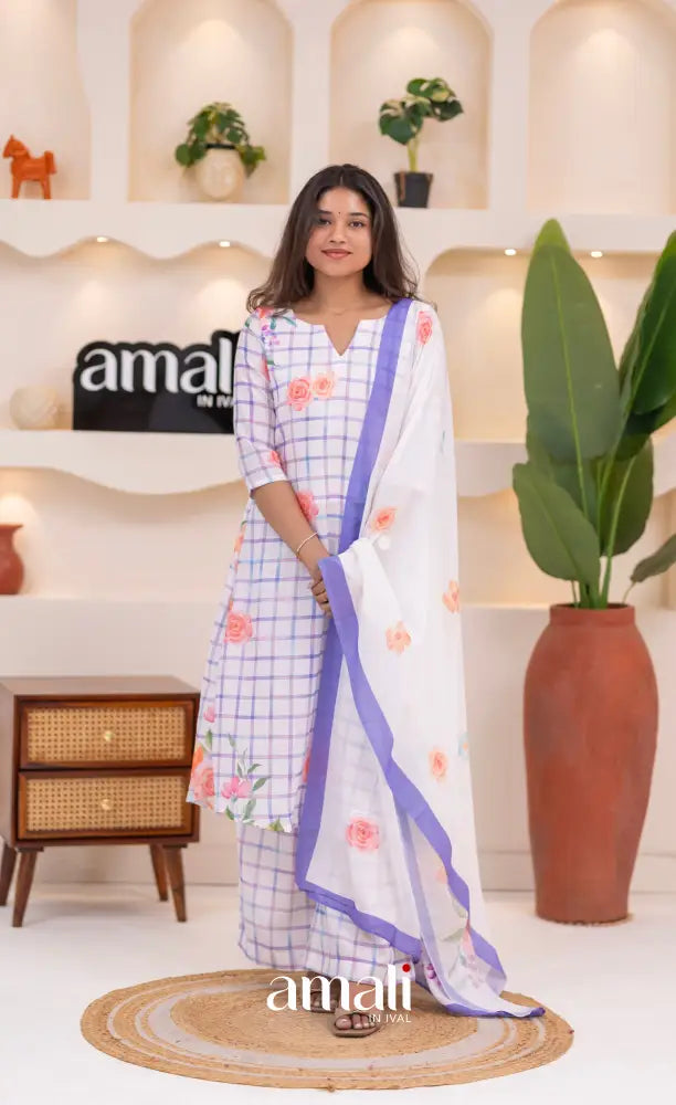 White and Lavender Mul Cotton Salwar Set - salwar