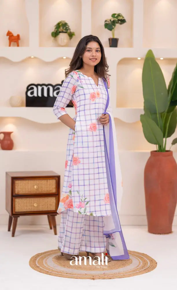 White and Lavender Mul Cotton Salwar Set - salwar