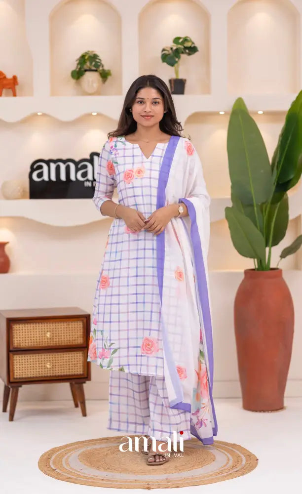 White and Lavender Mul Cotton Salwar Set - salwar
