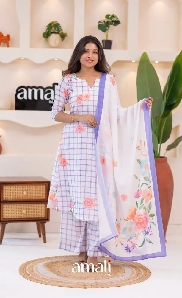 White and Lavender Mul Cotton Salwar Set - salwar