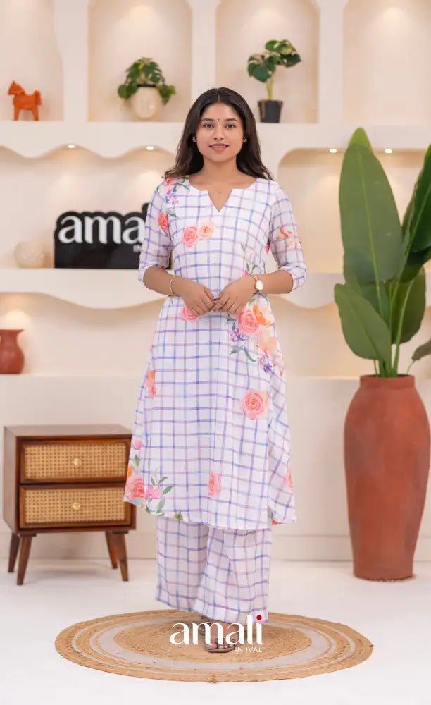 White and Lavender Mul Cotton Salwar Set - salwar