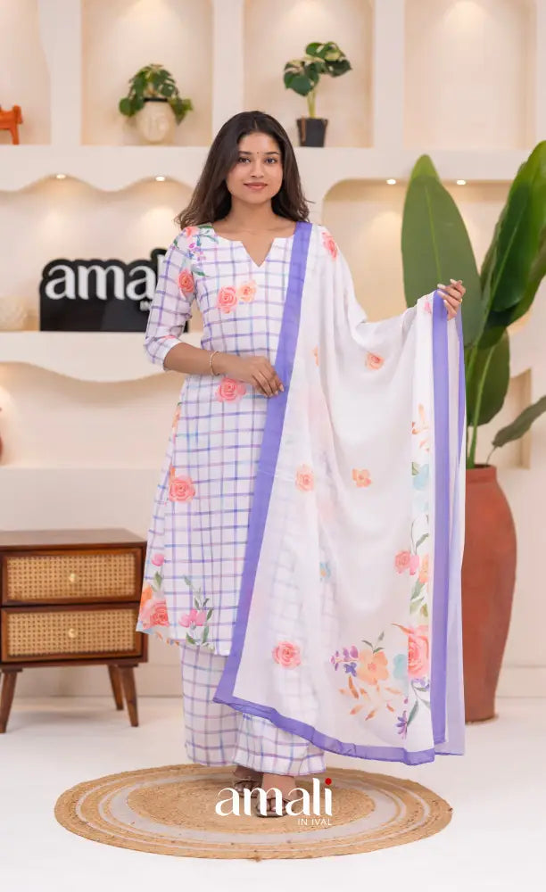 White and Lavender Mul Cotton Salwar Set - salwar