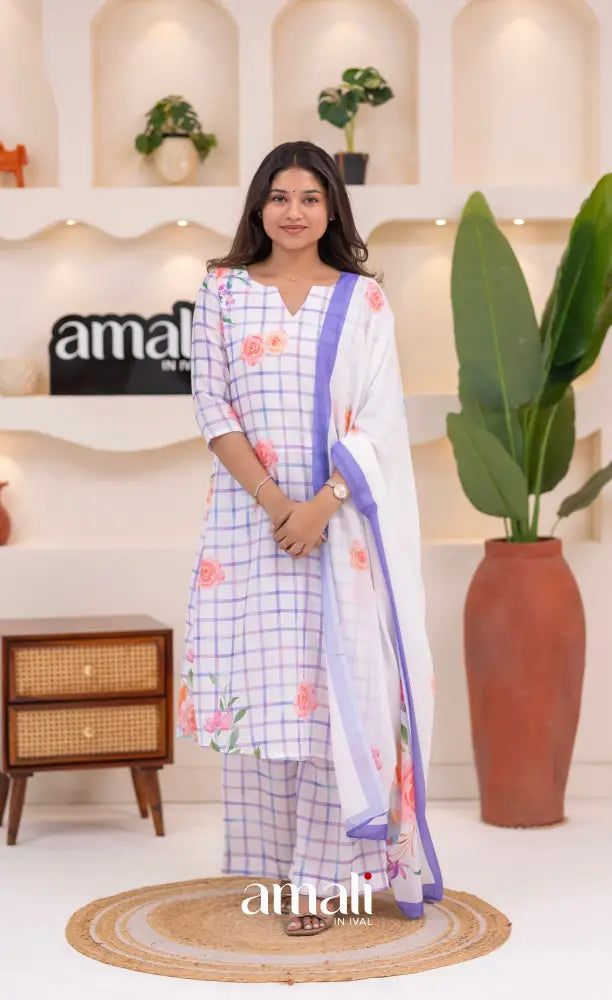 White and Lavender Mul Cotton Salwar Set - salwar