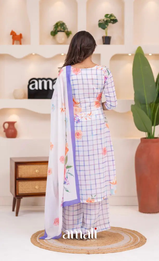 White and Lavender Mul Cotton Salwar Set - salwar