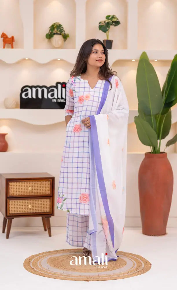 White and Lavender Mul Cotton Salwar Set - salwar
