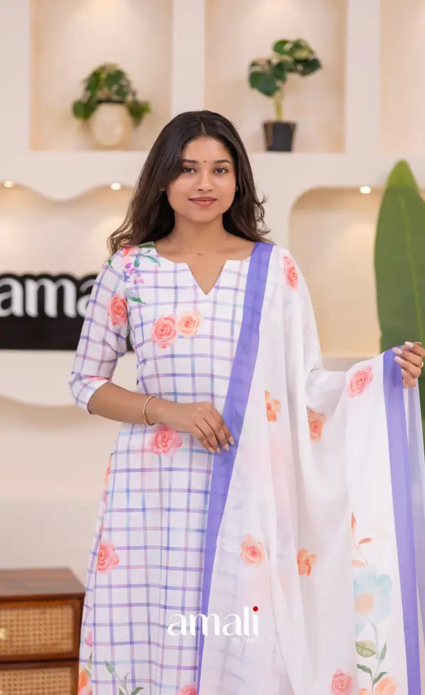 White and Lavender Mul Cotton Salwar Set - salwar