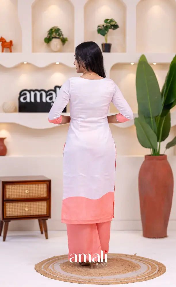 White and Peach Mul Cotton Salwar Set - salwar