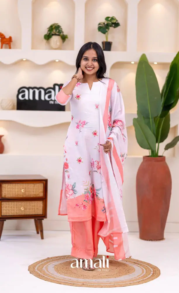 White and Peach Mul Cotton Salwar Set - salwar