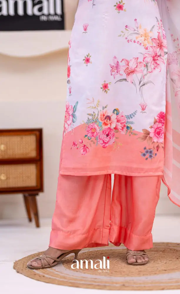 White and Peach Mul Cotton Salwar Set - salwar