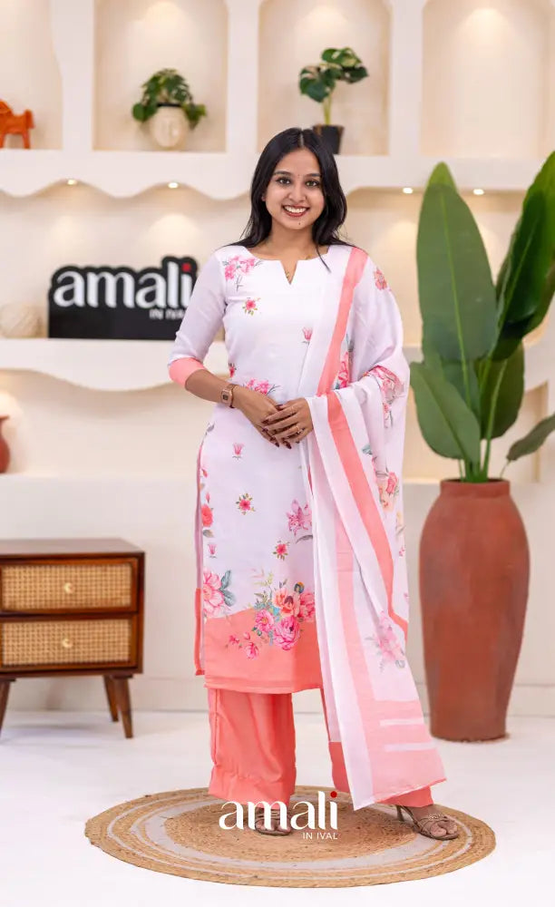 White and Peach Mul Cotton Salwar Set - salwar