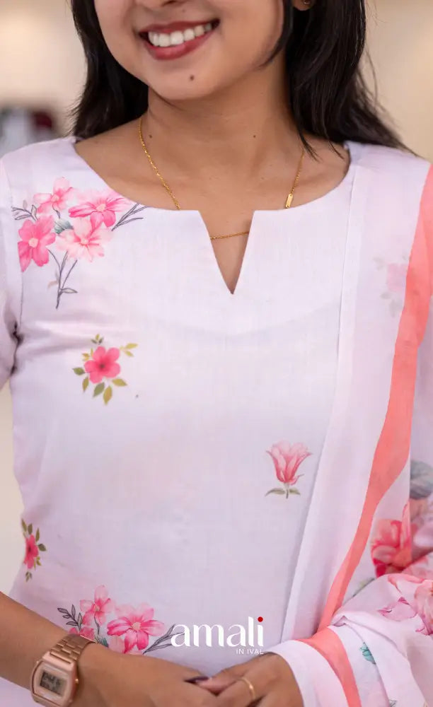 White and Peach Mul Cotton Salwar Set - salwar