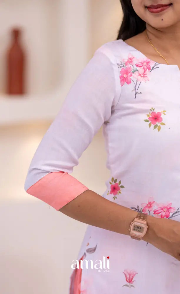White and Peach Mul Cotton Salwar Set - salwar