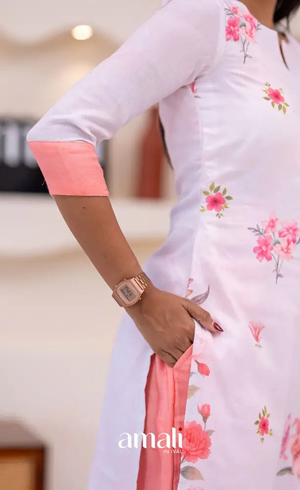 White and Peach Mul Cotton Salwar Set - salwar