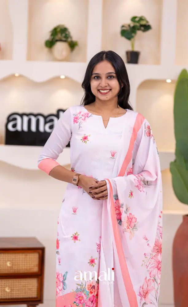 White and Peach Mul Cotton Salwar Set - salwar