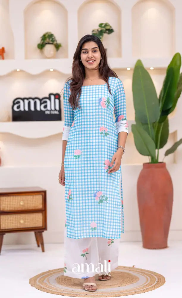 White and Sky Blue Cotton Salwar Set - salwar