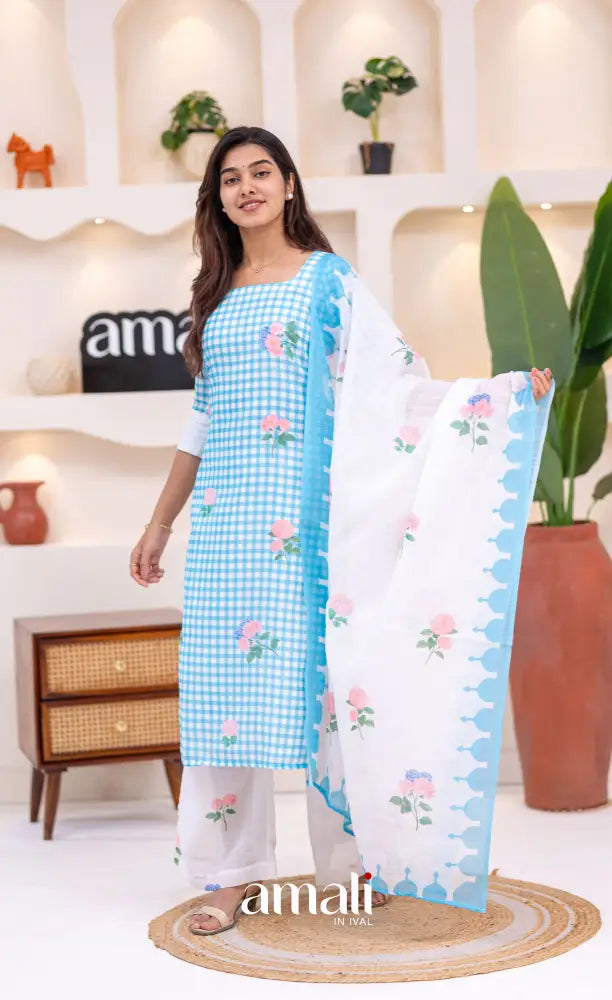 White and Sky Blue Cotton Salwar Set - salwar