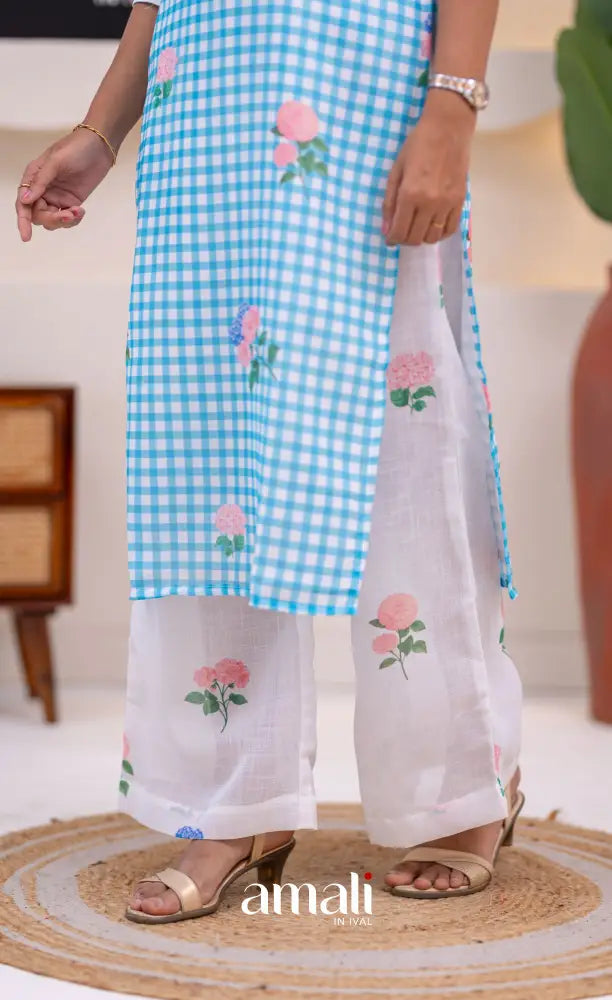 White and Sky Blue Cotton Salwar Set - salwar